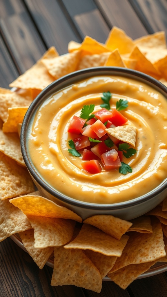 A bowl of creamy cauliflower queso with tortilla chips, garnished with cilantro and tomatoes.
